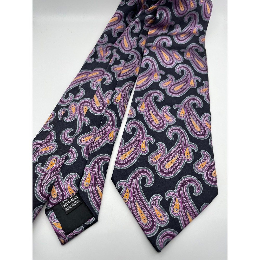 Gianfranco Ferre Mens Silk Paisley Tie Navy Blue Purple Orange Made in Italy